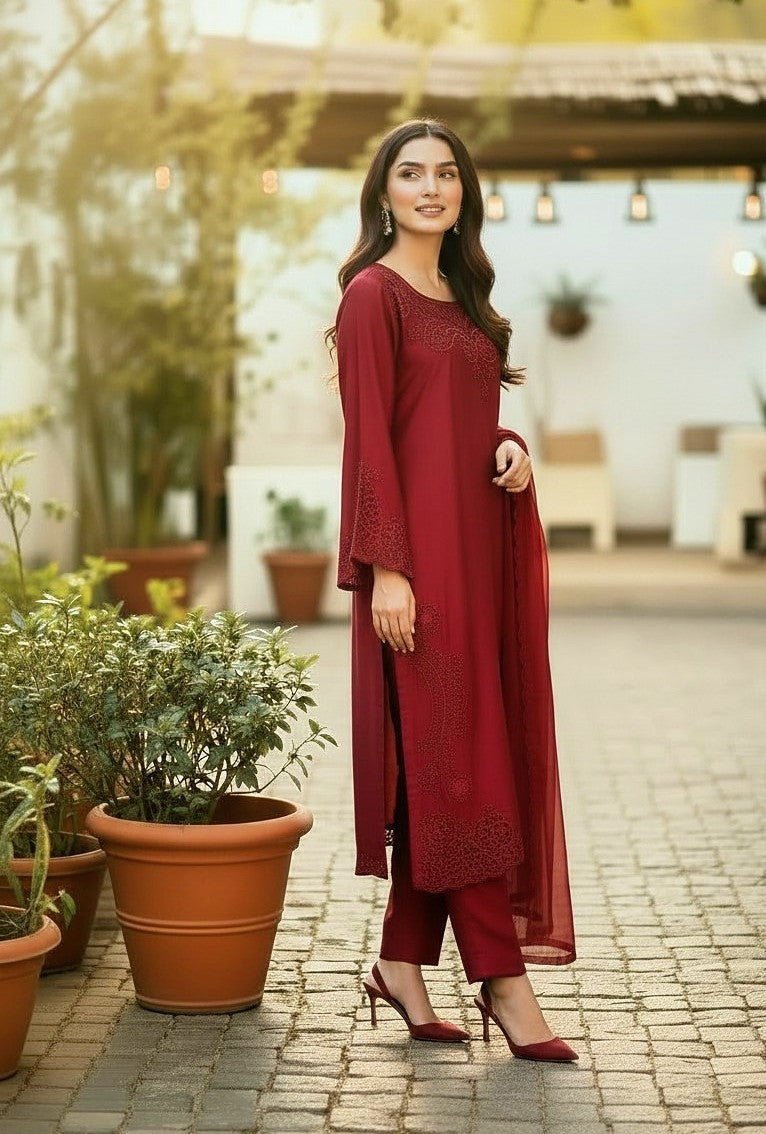 CUT WORK EMBROIDERED 3PC SILK-NEXT DAY DELIERY AVAILABLE