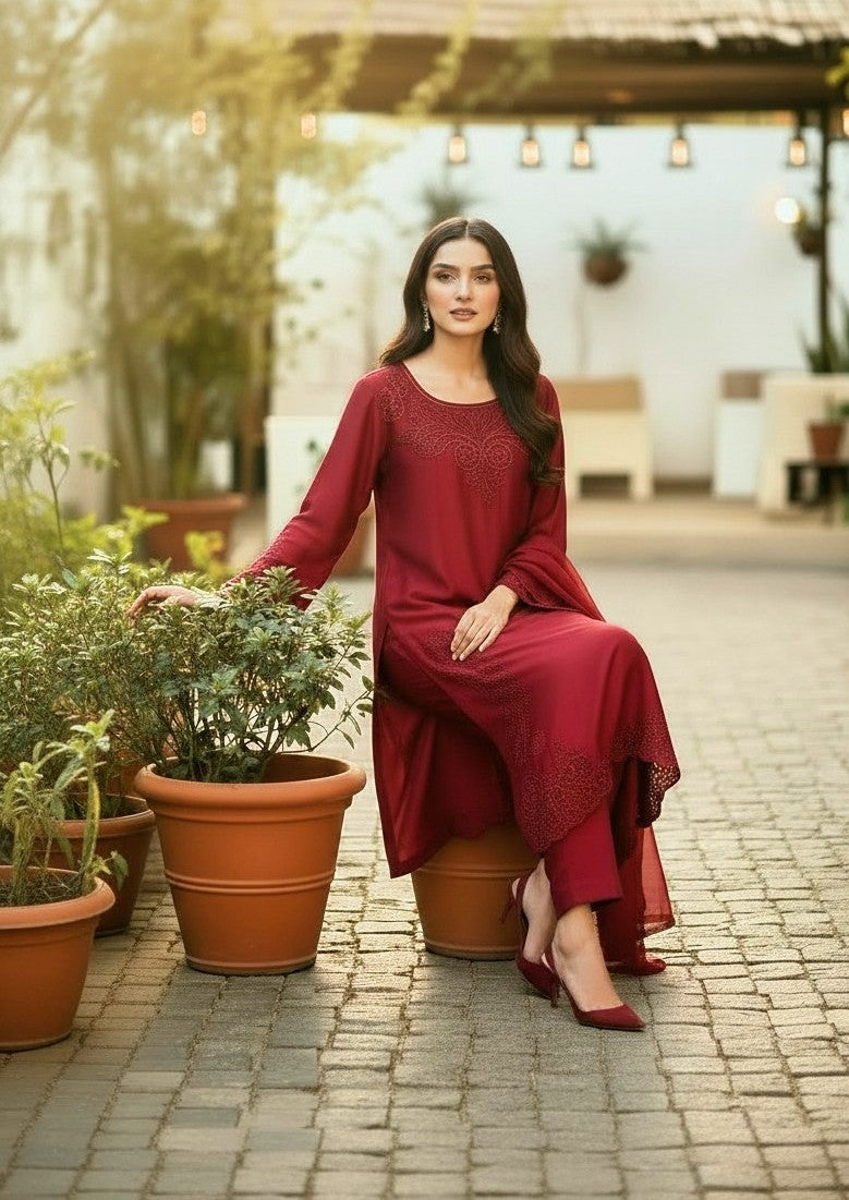 CUT WORK EMBROIDERED 3PC SILK-NEXT DAY DELIERY AVAILABLE