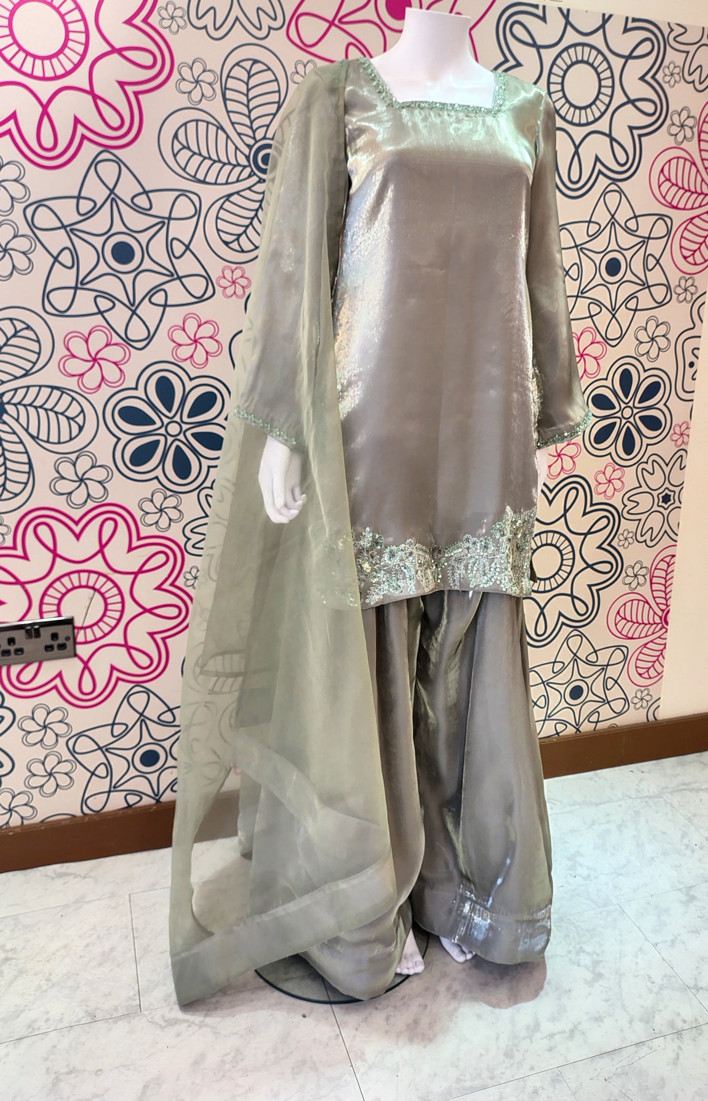 EMBROIDERED SAGE GREEN 3PC SHARARA - DELIVERY 4 WEEKS