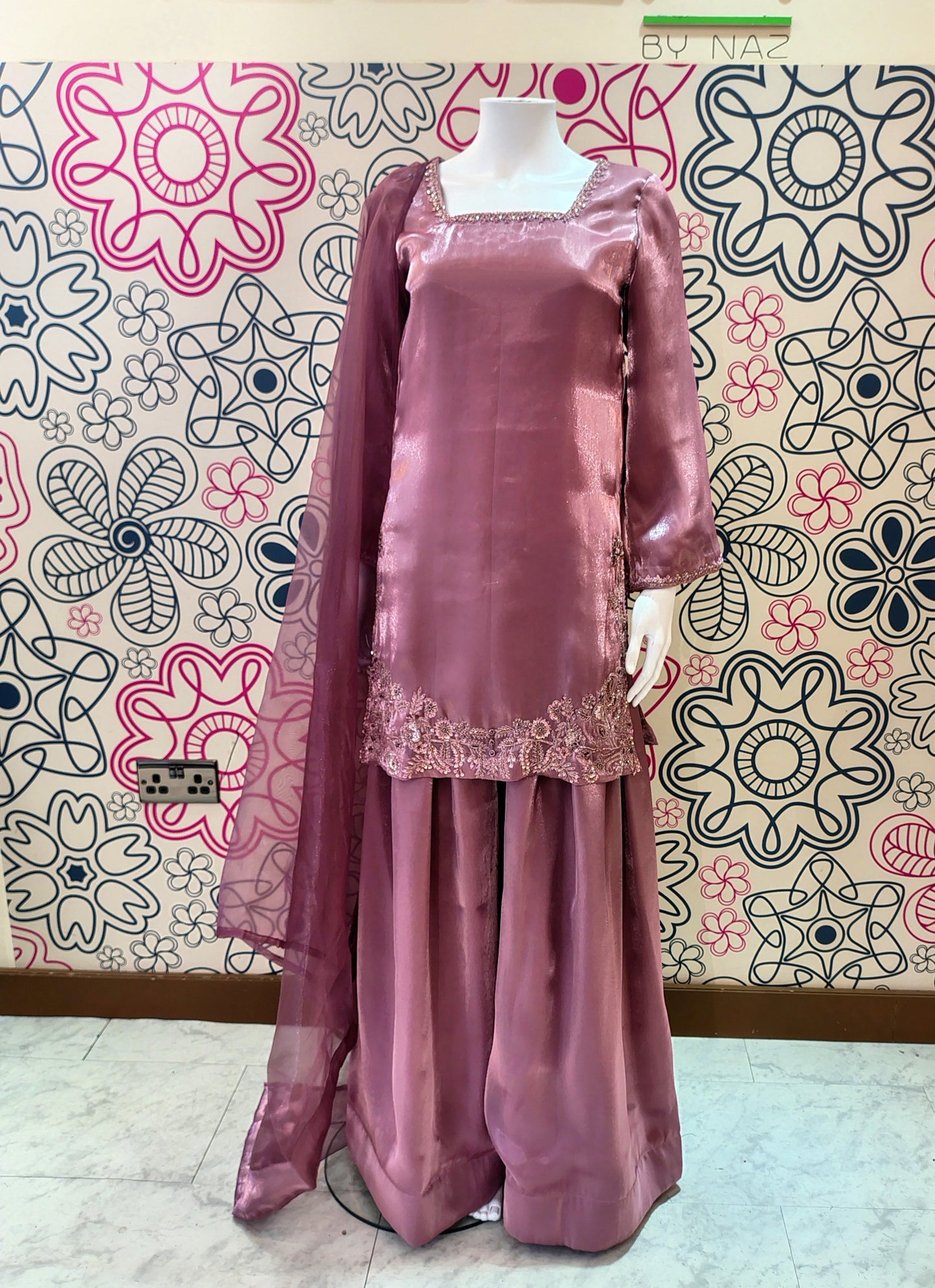 EMBROIDERED DARK MAUVE SHARARA-DELIVERY 4 WEEKS