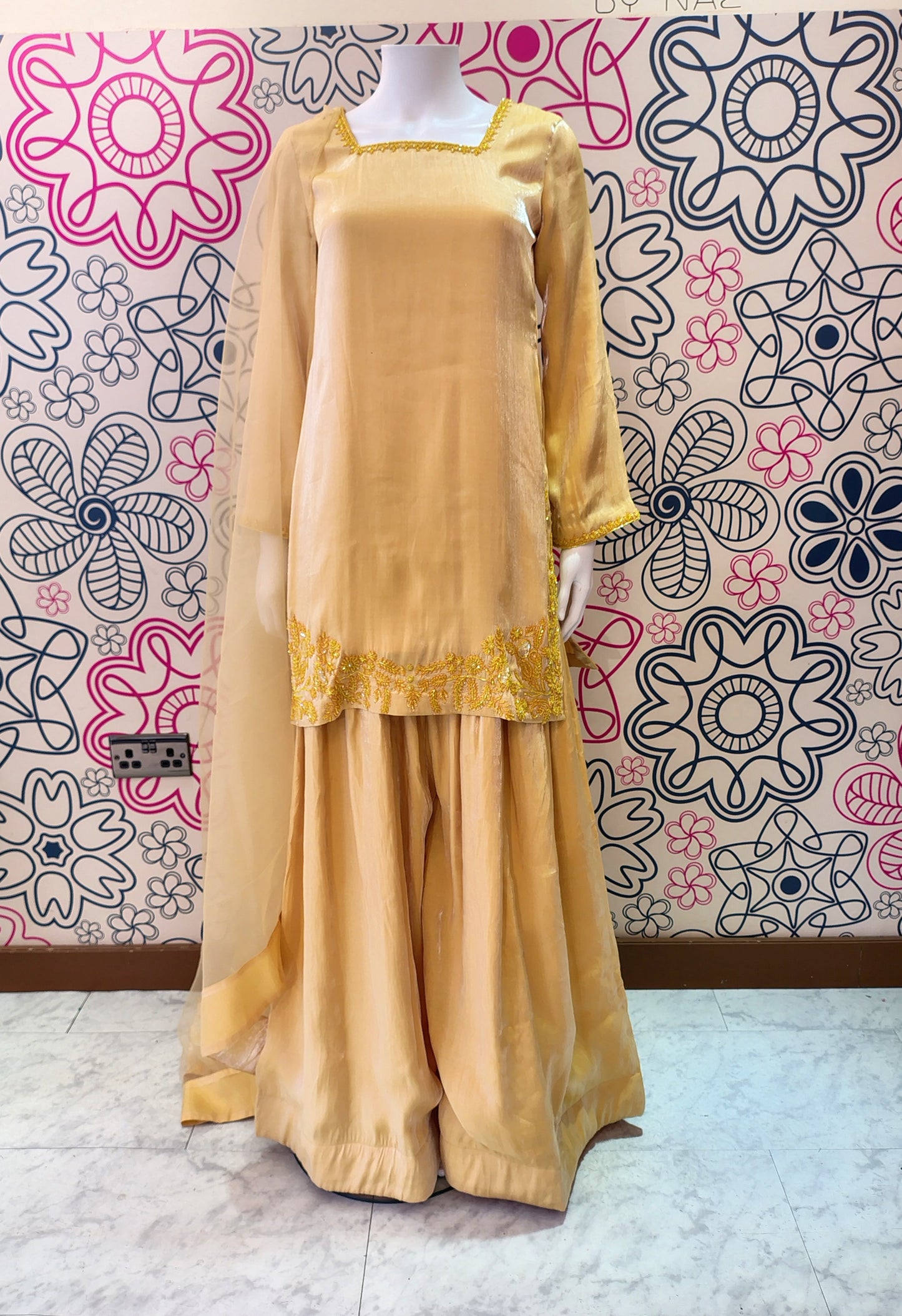 EMBROIDERED YELLOW SHARARA-DELIVERY 4 WEEKS