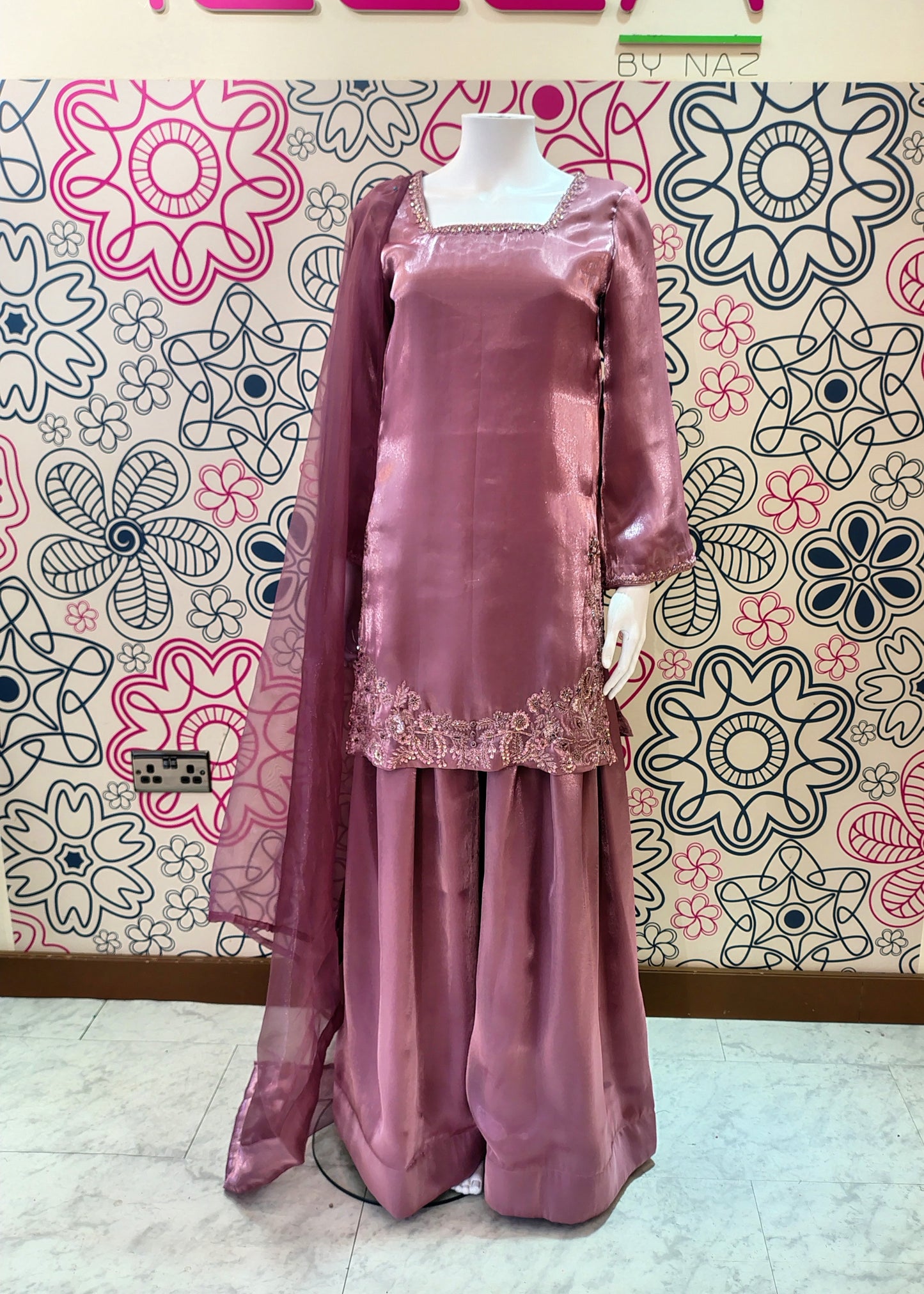 EMBROIDERED DARK MAUVE SHARARA-DELIVERY 4 WEEKS